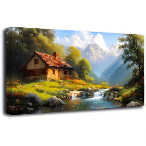 Country House Wall Art Bedroom Landscape Wall Decor Living Room,Oil Painting Green Forest Canvas Wall Art Office Farmhouse Artwork Modern Flowing Water SceneryWall Art Prints Pictures 20 * 40inch