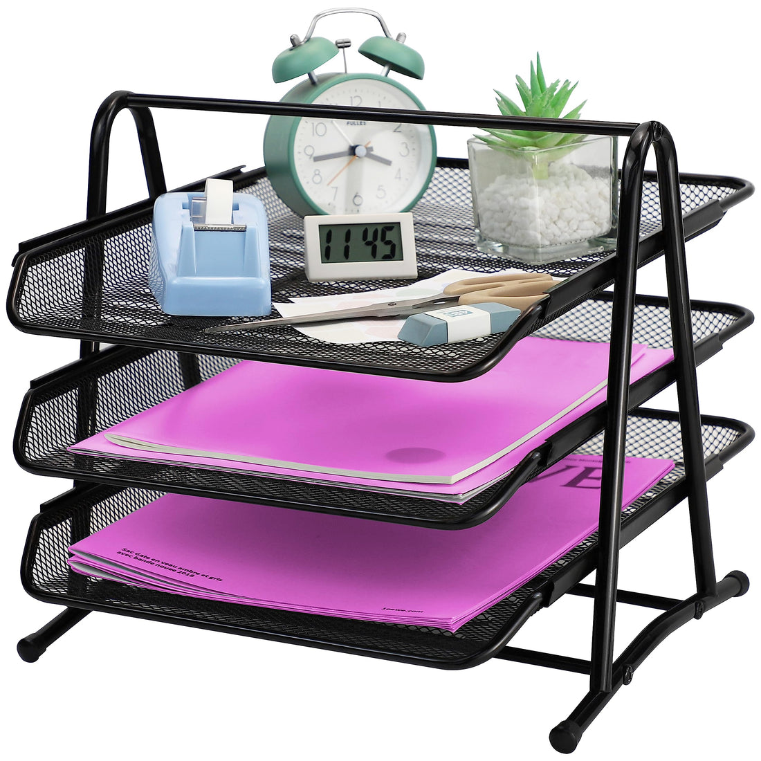 3 Tier Mesh Letter Tray Office Filing Trays Holder Desk Organiser Stacking Supports Document Filing Trays Paper Holder，Metal File Organizer Tray for School Home And Office (3 Tier)
