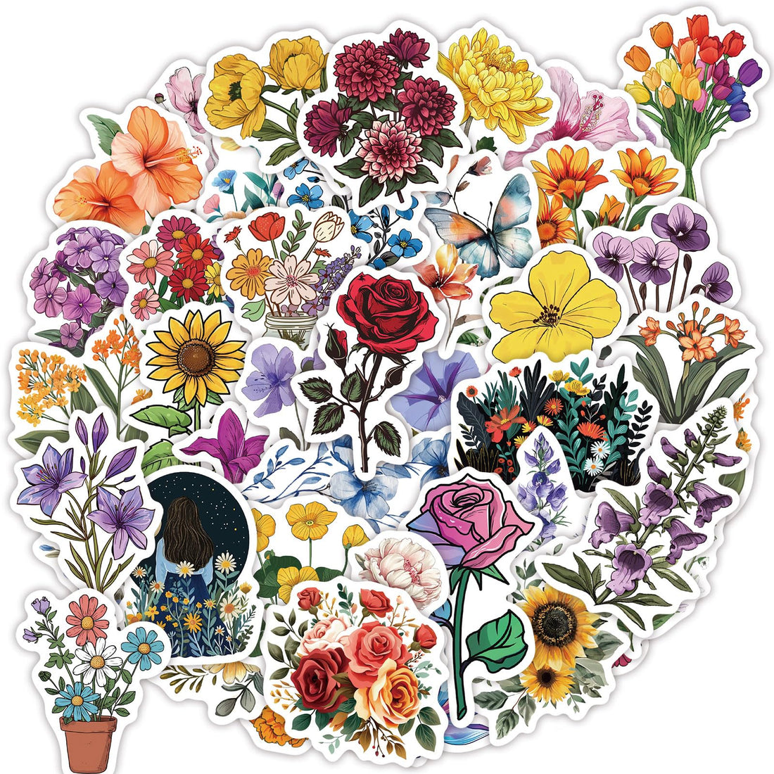 100 Pcs Flower Stickers Aesthetic Floral Stickers, Cute Stickers Flower Decor Flower Party Gifts for kids Girls Women, Waterproof Stickers for Water Bottle Laptop Scrapbook