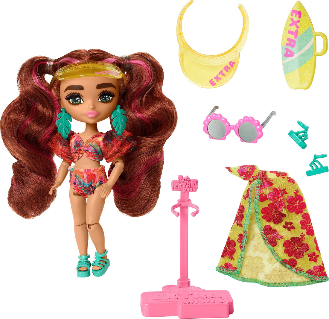 Barbie Extra Minis Travel Doll with Beach Fashion, Barbie Extra Fly Small Doll, Tropical Outfit with Accessories, HPB18