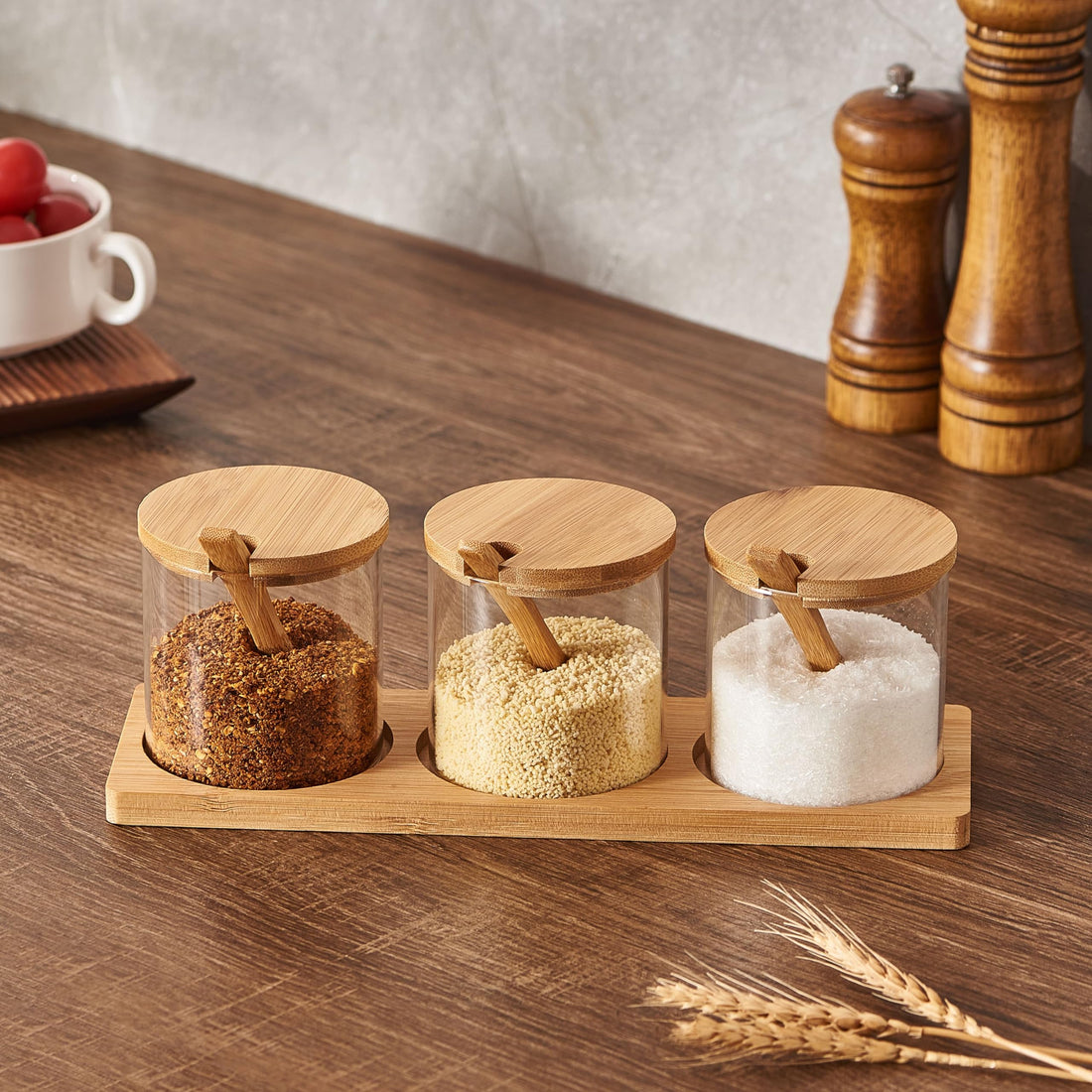 3-Piece Bamboo and Glass Kitchen Jar Set with Serving Spoons and Tray, Trio Canister Set for Tea, Coffee and Hot Chocolate (Round)
