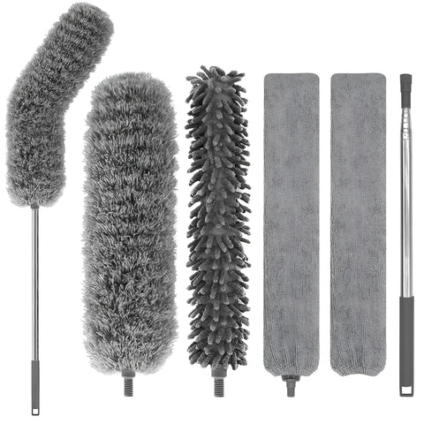 Microfiber Duster Set - 85-inch telescopic pole with 3 washable, bendable heads for ceiling fans, tight gaps, furniture, and car interiors in sleek grey.