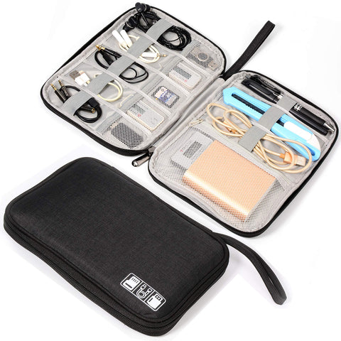 Electronics Organizer Bag Waterproof Carrying Pouch Travel Universal Cable Organizer Electronics Storage Bag Accessories Cases for Cord, Charger, Earphone, USB, SD Card (Black)
