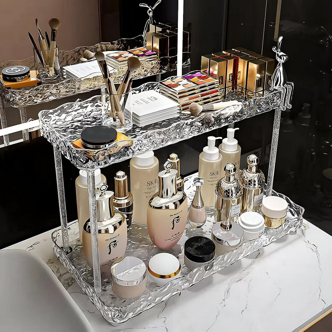Bathroom Tools Regulator - Stylish modern design for effective makeup and cosmetic storage with sturdy acrylic construction and two-level elevation to optimize space