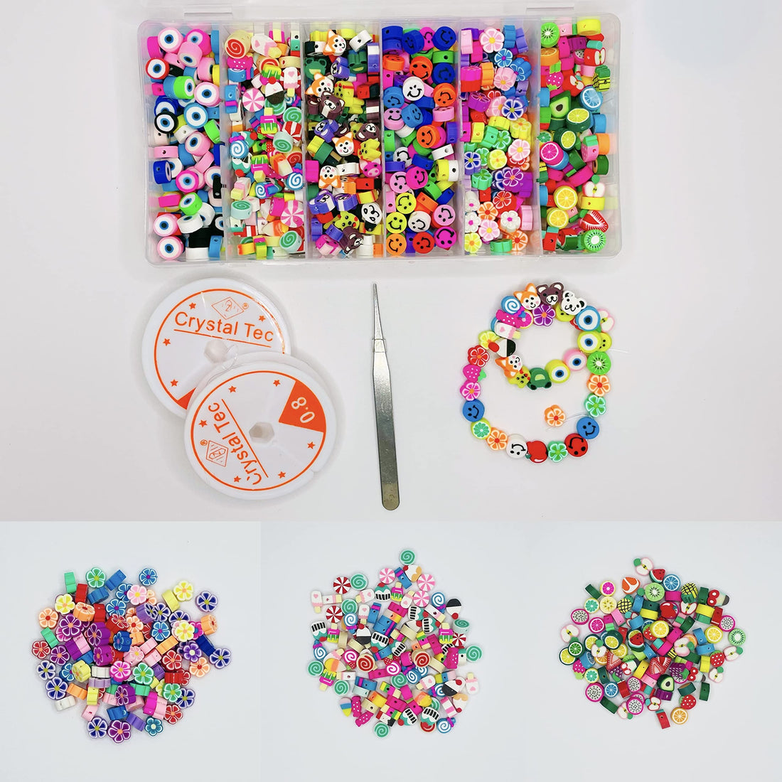 600Pcs 10mm Cute Polymer Clay Beads DIY Kit/ 6 Styles Fruit Smiley Animal Flower Candy Evil Eye for Women Girls/ Jewelry Making Supplies/ 2 Rolls of Crystal Elastic String and Tweezers
