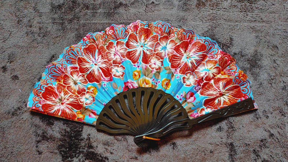 DRaX Decorative Folding Hand Fan, Purple Floral Design, Lace Trim (Red Flower)