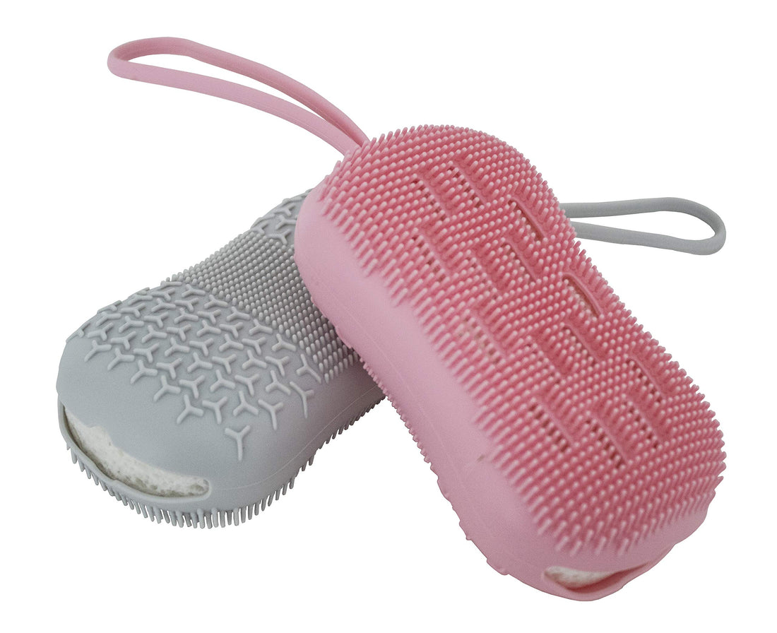 Serenity Select 2 Exfoliating Silicone Body Sponges, Double-Sided Bath or Shower Body Brush, Silicon Loofah/Built-in Sponge – Cleans & Stimulates Circulation. Christmas Stocking, Hanukkah- Pink/Gray