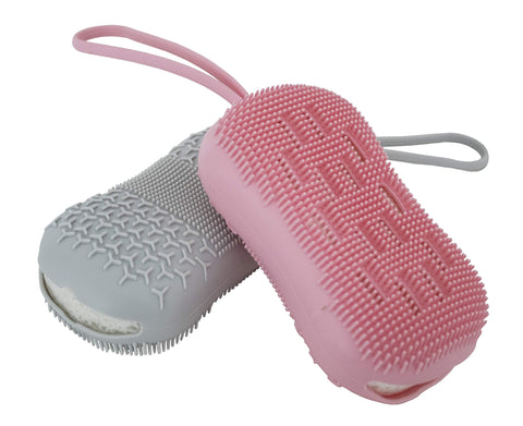 Serenity Select 2 Exfoliating Silicone Body Sponges, Double-Sided Bath or Shower Body Brush, Silicon Loofah/Built-in Sponge – Cleans & Stimulates Circulation. Christmas Stocking, Hanukkah- Pink/Gray