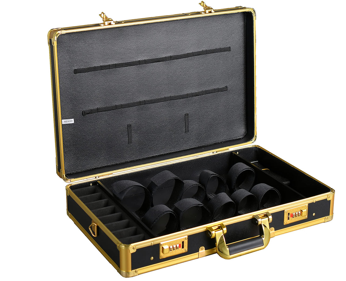 Barber Case Hair Kit Tool Box Organizer Gold, Beauty Box with Portable Handle and Secure Numlock, Aluminum Frame and Reinforced Fillet 21" x 13" x 4.5"