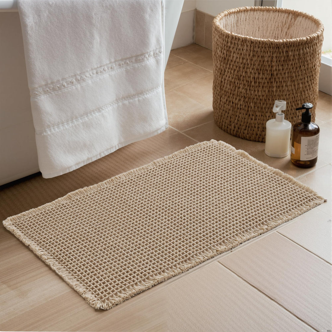 KGORGE Waffle Bath Mat, Non Slip 17" X 24" Farmhouse Ultra Soft Bathroom Rugs for Bathroom Decor, Boho Super Absorbent with Tassels Rubber Backed Shower Mats for Floor Bathtubs, Brown, 1pc