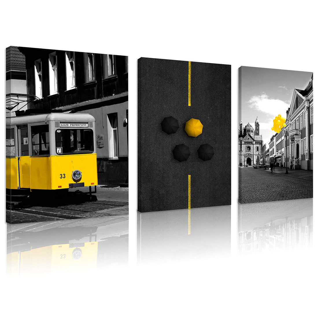 FUNHUA Yellow Bus Umbrella and Balloons Pictures Framed for Dinning Room Office Entryway Wall Decor Black and White England City Buildings Posters and Prints on Canvas 12x16inchx3pcs