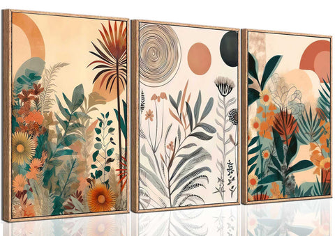 3 Pcs Orange Boho Plants Wall Art Burnt Orange Botanical Poster Prints Wall Decor Pictures Abstract Floral Canvas Paintings for Bedroom Office Dining Kitchen Home Decoration Unframed