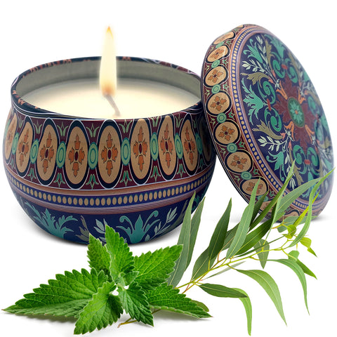 Relaxcation Candle Aromatherapy Peppermint Eucalyptus in Perfect Giftable Metal Tin - Pure Organic Soy Wax and Oils - 6oz - Handmade in USA