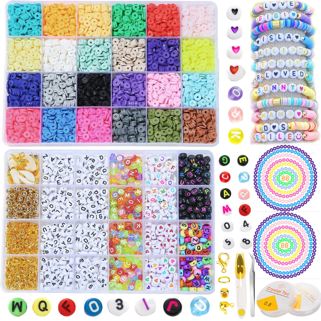PRETOLE 2 Boxes Clay Beads,24 Colors Clay Beads Bracelet Making Kit Polymer Clay Beads for Jewelry Making Alphabet Beads Bracelet Making Kit for DIY Bracelet Necklaces Jewellery Making Adult Bead Kit