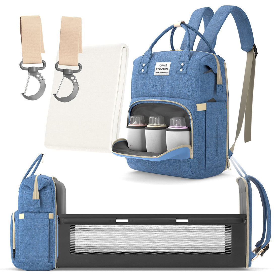Multifunctional 3 in 1 Diaper Bag with Changing Station | Diaper Bag Backpack with Bassinet | Travel Baby Bed, Light Blue,