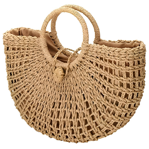 Straw Bag - Stylish Large Woven Beach Tote with Round Handles, Retro Design for a Chic Summer Look, Lightweight & Durable Construction, Roomy Interior for Towels, Sunscreen & More, Vacation Essentials