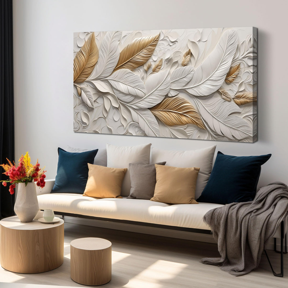 Feather Canvas Wall Art for Bedroom - White and Gold Pictures for Living Room - Modern Art Wall Decor for Office Size 29" x 59"