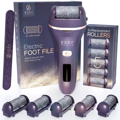 Essy Electric Foot File Pedicure Feet Hard Skin Remover Foot Scraper Dry Dead Skin Remover Callus Exfoliator Rechargeable Feet Scrubber with 5 Replacement Rollers Foot Care Skin Removers