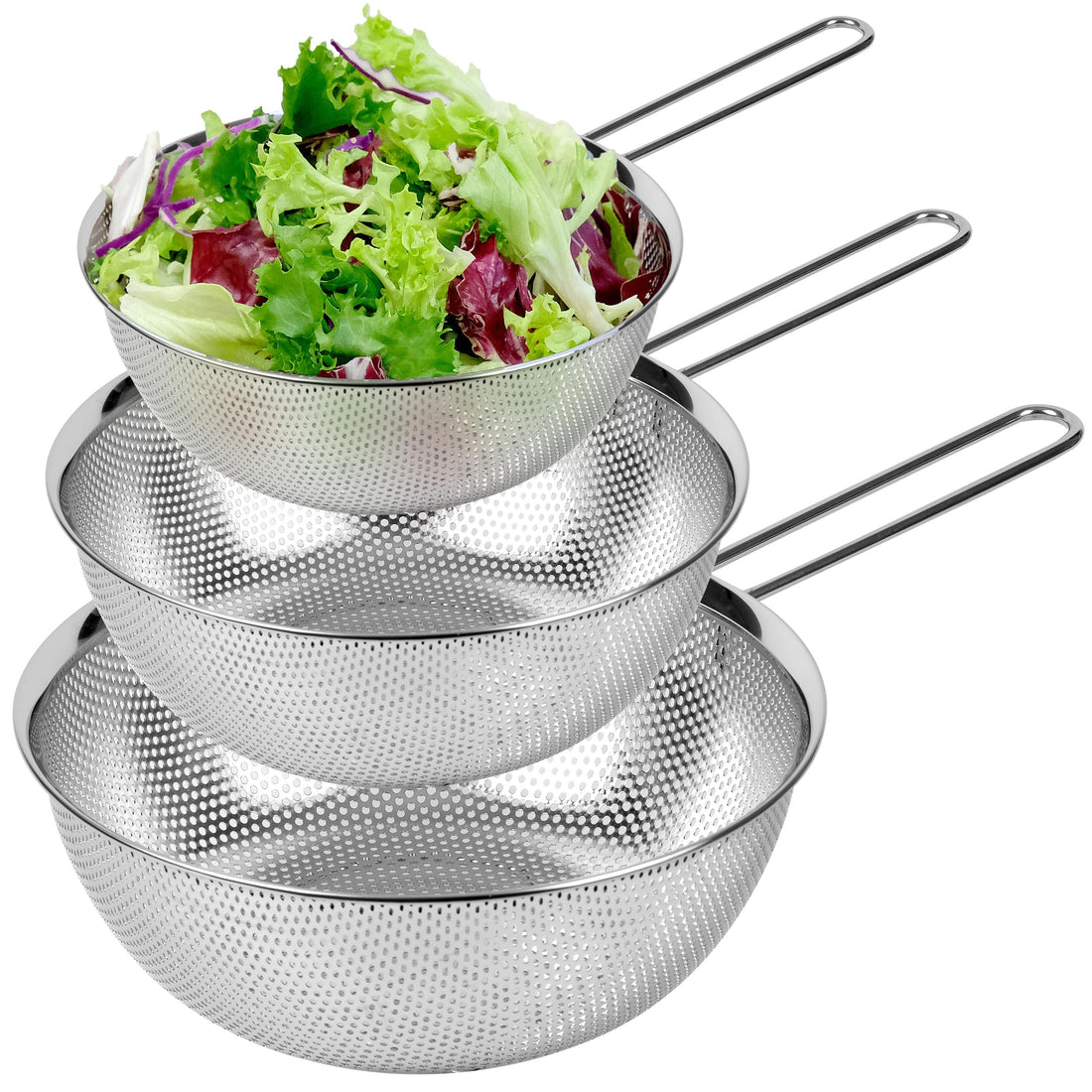 18/8 304 Stainless Steel Colander Set of 3 with Long Handle, Micro-Perforated Strainers, 1.5-2.5-4 Quart Set, Self-Draining Solid Base for Pasta, Fruits, Vegetables, Made in Korea - COMPORT K