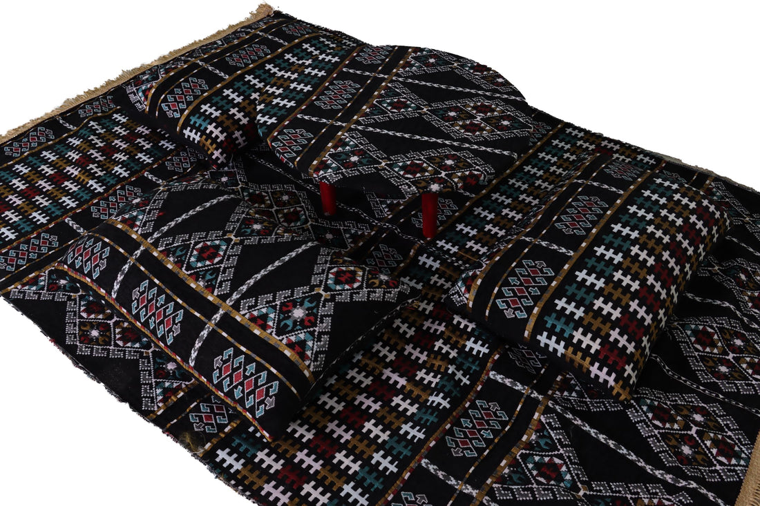 Sahara Floor Seating Set, Geometric Design - Includes Traditional table, Kilim Pattern with 4 Cushions - Authentic Arabic Floor Seating for Relaxation & Entertaining (Black)