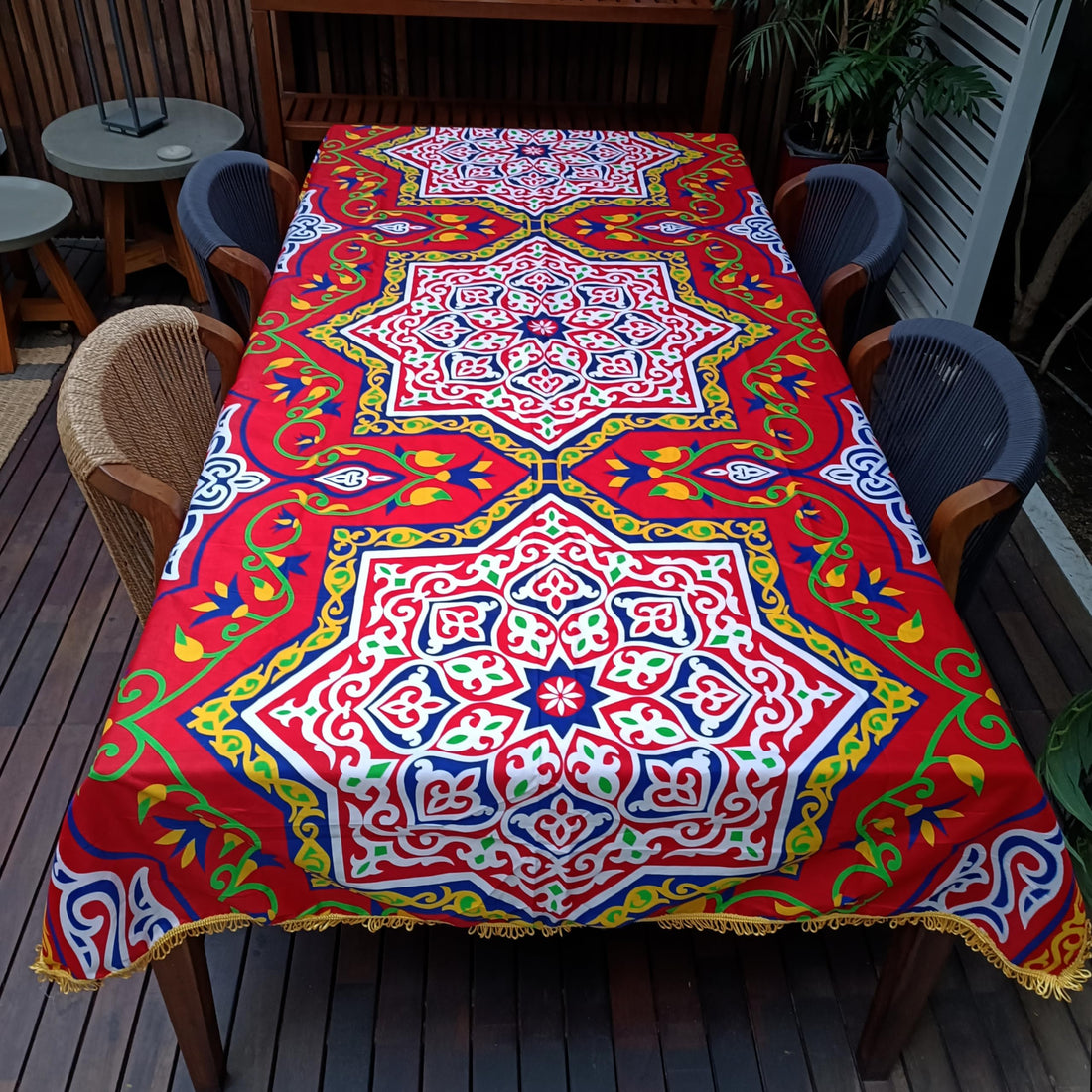 Ramadan Khayamiya Tablecloth with Fringes around the Edges (250 x 140 cm) (Red4)