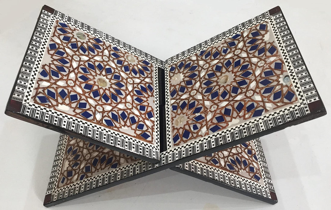 JAZEEL Blue Seashell and Wood Quran Holder - A Decorative Stand with Natural Shell Inlay Designed to Respectfully Hold and Display the Holy Quran for Reading and Decor