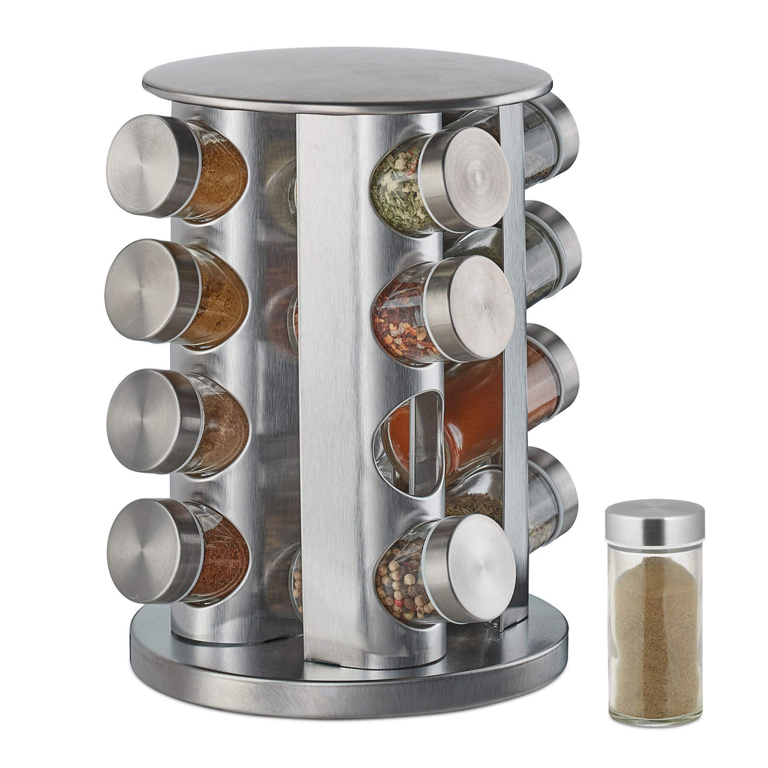 Relaxdays Spice Carousel with 16 Spice Jars, 360° Rotatable, Stainless Steel, Glass, H x D 28 x 22 cm, Spice Rack, Round, Silver, 10032726